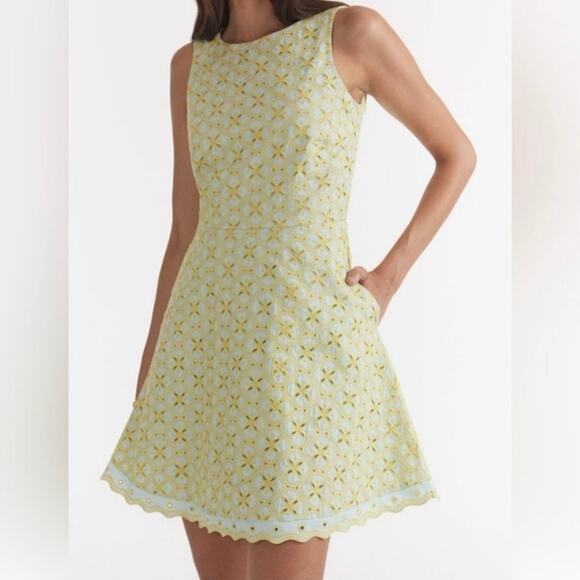 Saloni NWT Jesse Broderie Embroidered Hourglass Cotton Dress in Duckegg Citrine - Picture 2 of 16